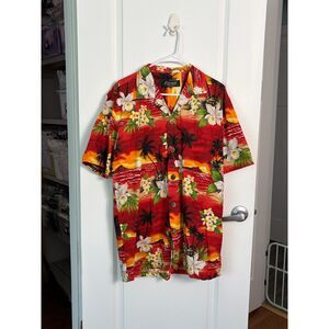 Favant Hawaiian Aloha Shirt Men Large Red Sunset Palm Tree 100% Cotton